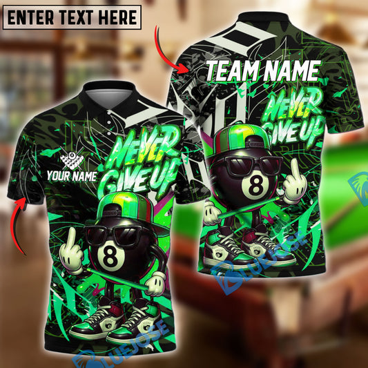 BlueJose Billiards Funny Never Give Up 8-Ball Personalized Name Shirt (4 Colors)