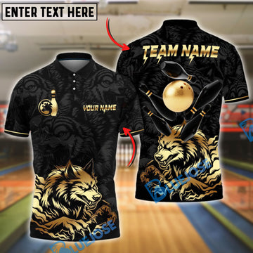 BlueJose Bowling Ball & Pins Wolf Strike Gold Fury Customized Name, Team Name 3D Shirt (4 Colors)