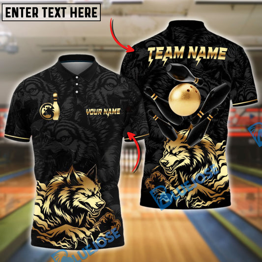 BlueJose Bowling Ball & Pins Wolf Strike Gold Fury Customized Name, Team Name 3D Shirt (4 Colors)