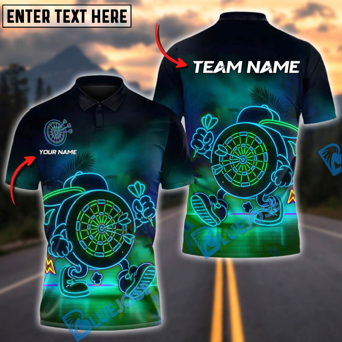 BlueJose Darts Neon Dartboard Mascot Personalized Name, Team Name Shirt (4 Colors)