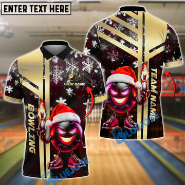 BlueJose Bowling And Pins Santa Flame Gold Black Customized Name, Team Name 3D Shirt (4 Colors)