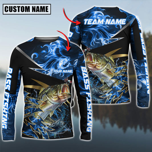 Bluejose Bass Fishing Blue Flame Premium Golden & Silver Line Pattern Custom Name & Team Name 3D Shirts