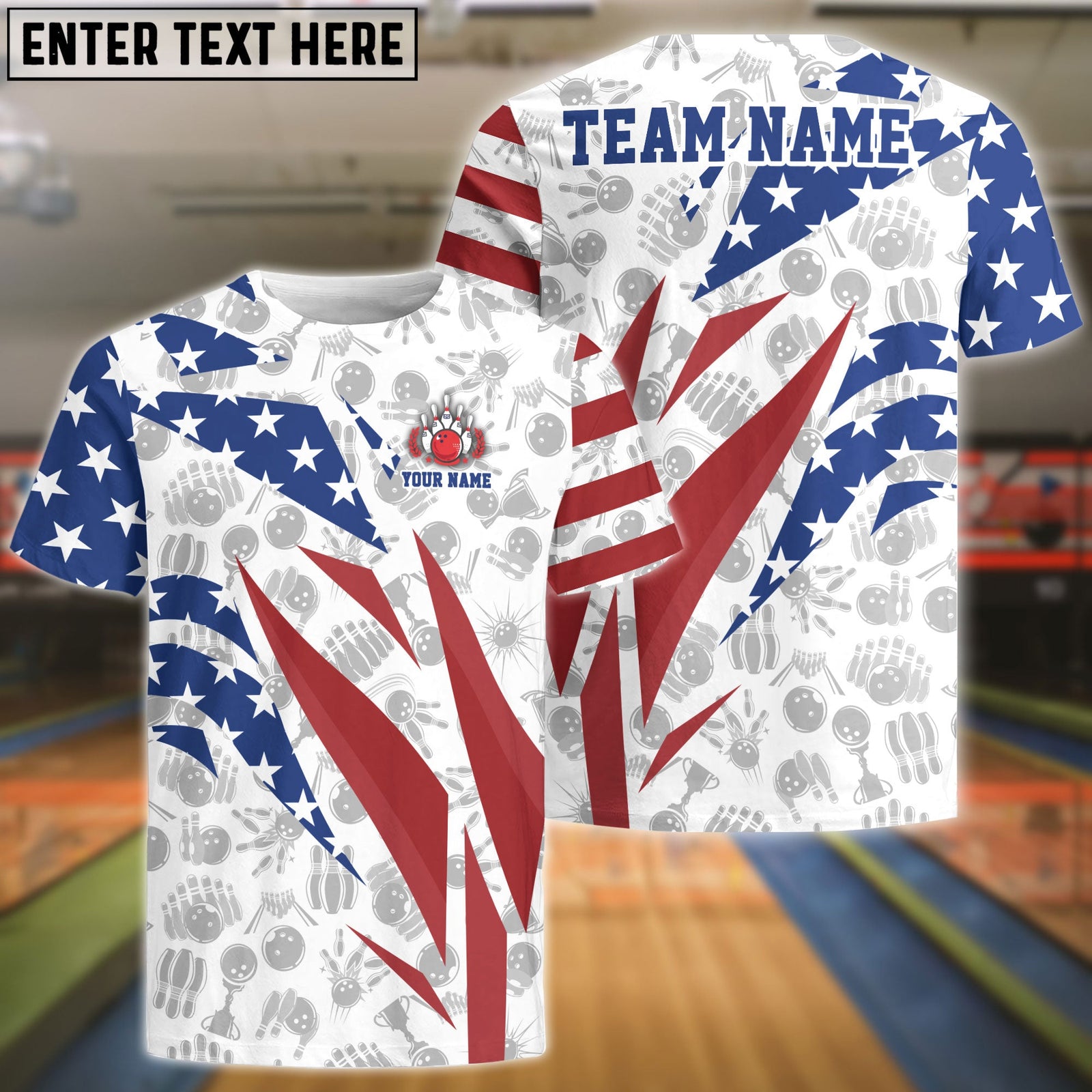 BlueJose Bowling And Pins Flag Broken Customized Name, Team Name 3D Shirt