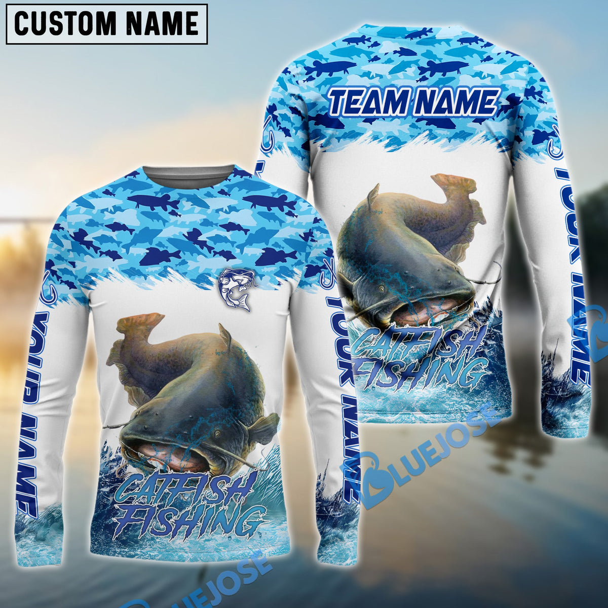 Bluejose Catfish Fishing Blue Water Camo Custom Name &amp; Team Name 3D Shirts