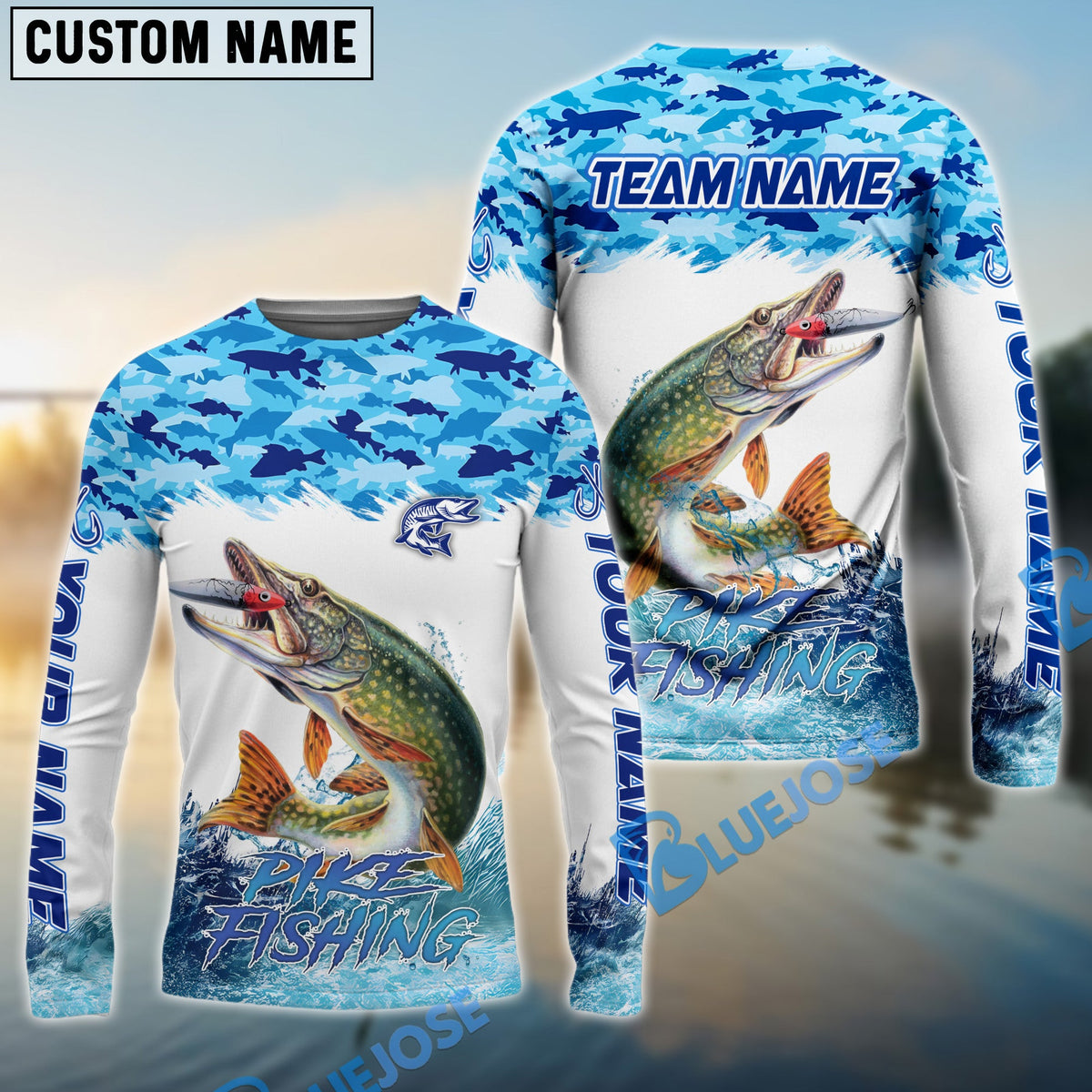 Bluejose Pike Fishing Blue Water Camo Custom Name &amp; Team Name 3D Shirts