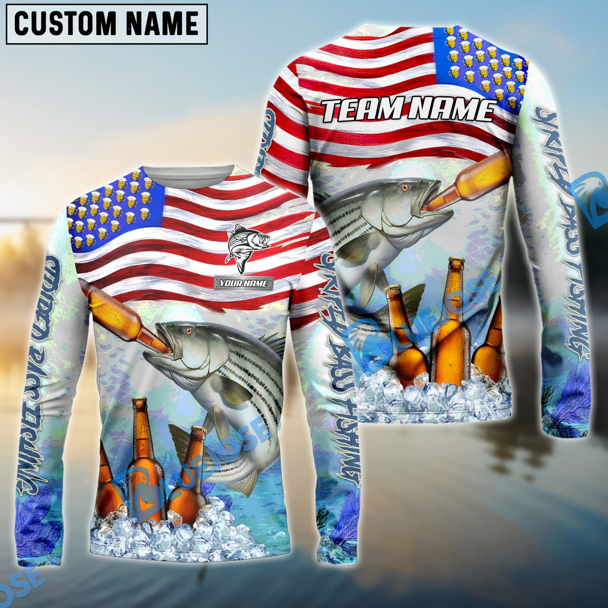 Bluejose Striped Bass Fishing American Flag Beer Custom Name &amp; Team Name 3D Shirts