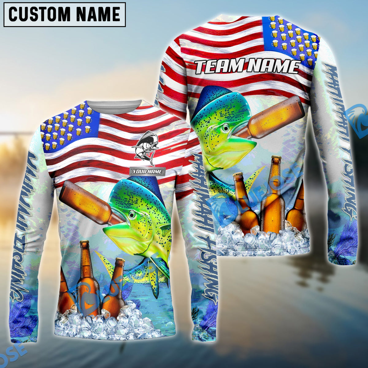 Bluejose Mahi-mahi Fishing American Flag Beer Custom Name &amp; Team Name 3D Shirts