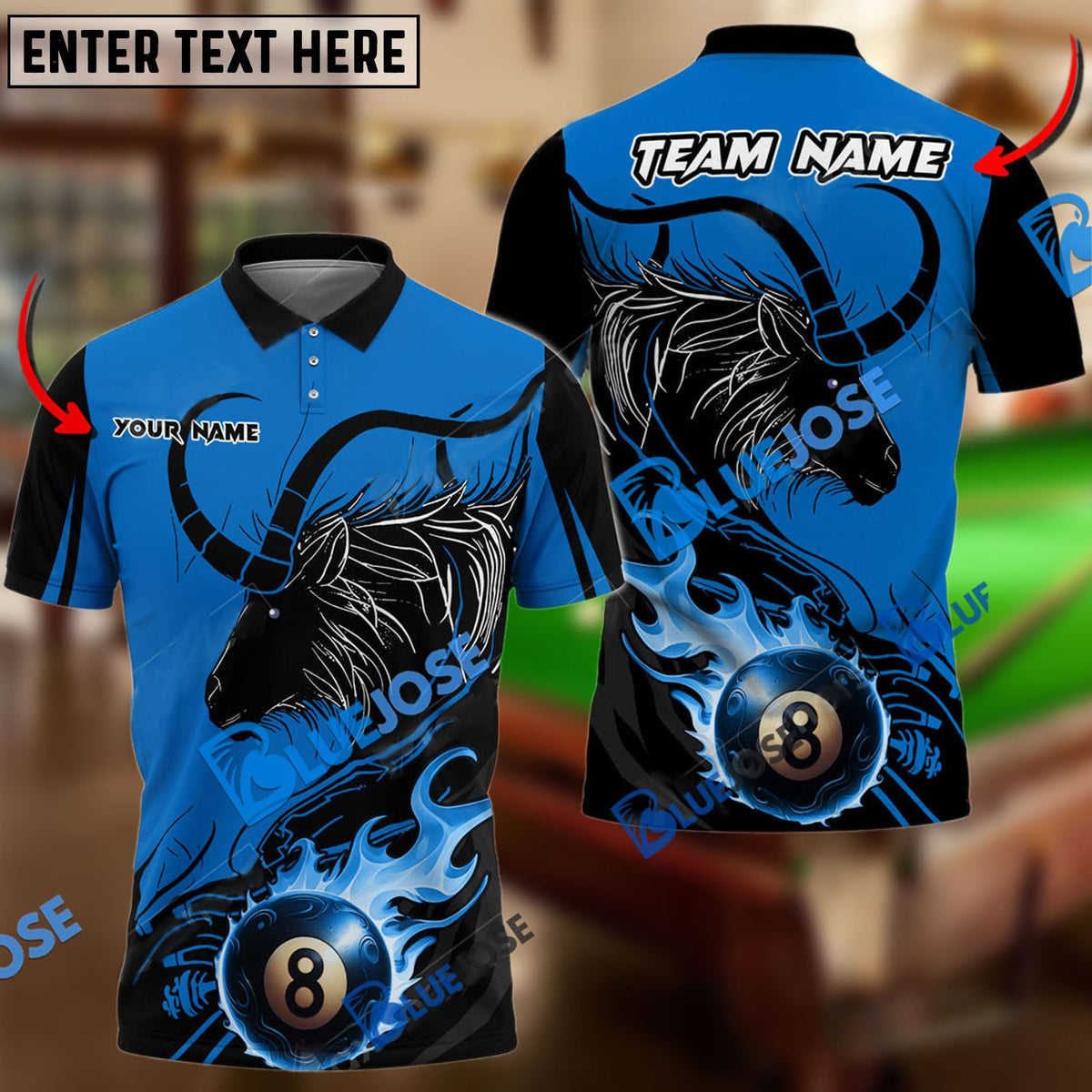 BlueJose Billiards Ball 8 Fire Aries Personalized Name, Team Name Unisex Shirt (6 Colors)