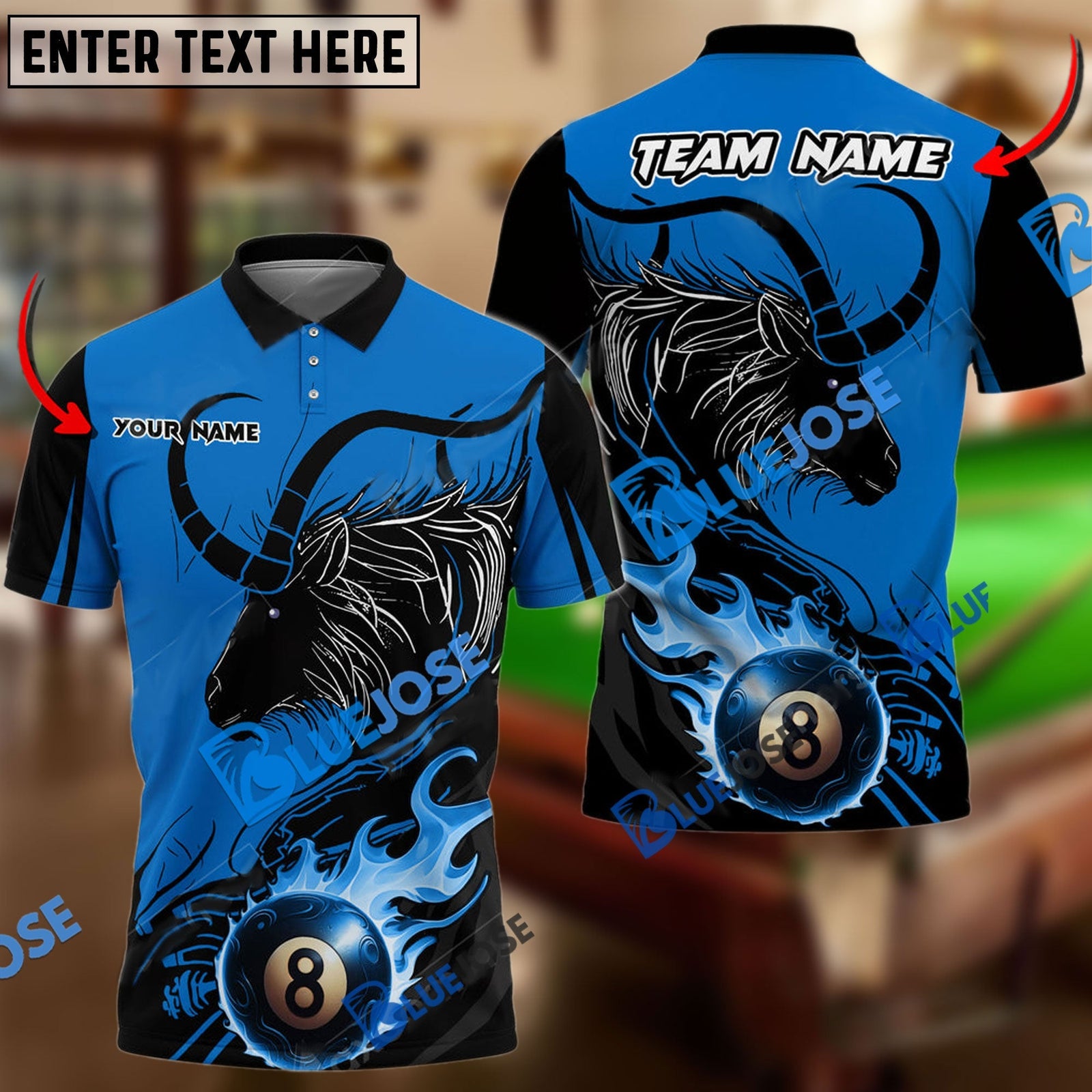 BlueJose Billiards Ball 8 Fire Aries Personalized Name, Team Name Unisex Shirt (6 Colors)