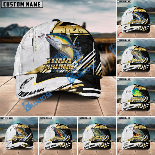 BlueJose Fishing Hook Graphic & Jumping Fish Art Personalized Cap (Tuna, Marlin, Mahi-Mahi, Pike, Bass, Walleye, Trout, Crappie)