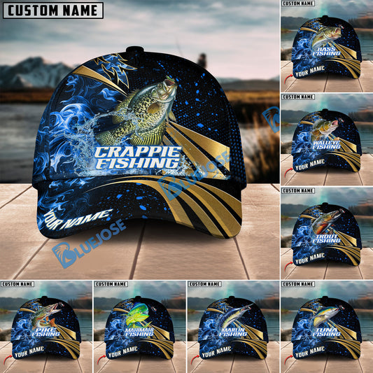 BlueJose Fishing Hooked Jump Splash Personalized Cap (Bass, Walleye, Trout, Crappie, Tuna, Marlin, Mahi-Mahi, Pike)