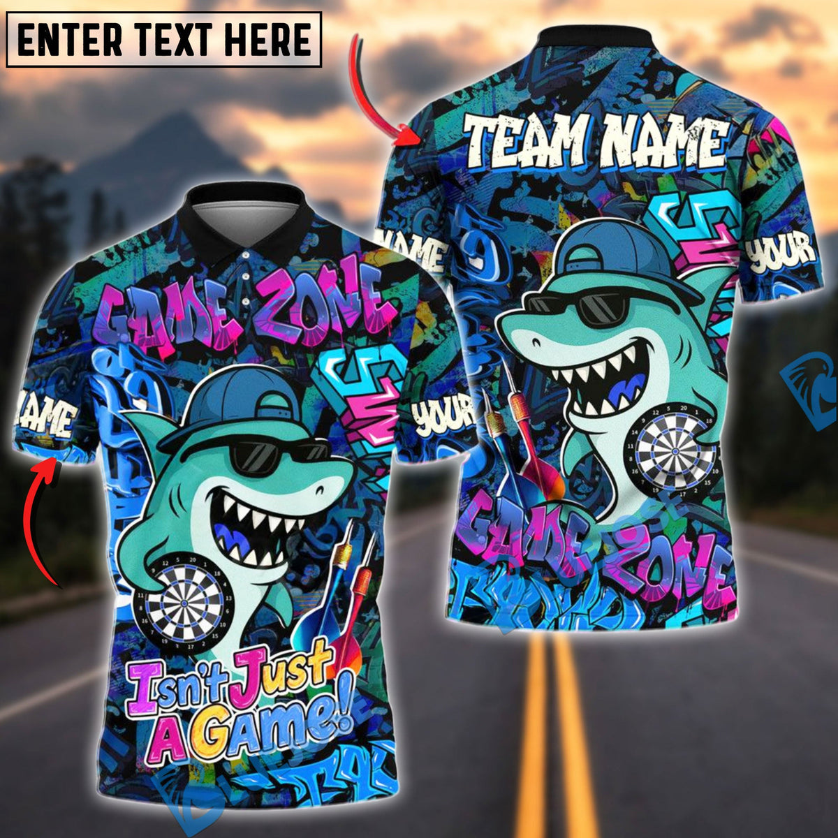 BlueJose Darts Cool Shark Graffiti Style Multicolor Options Personalized Name Shirt (4 Colors)