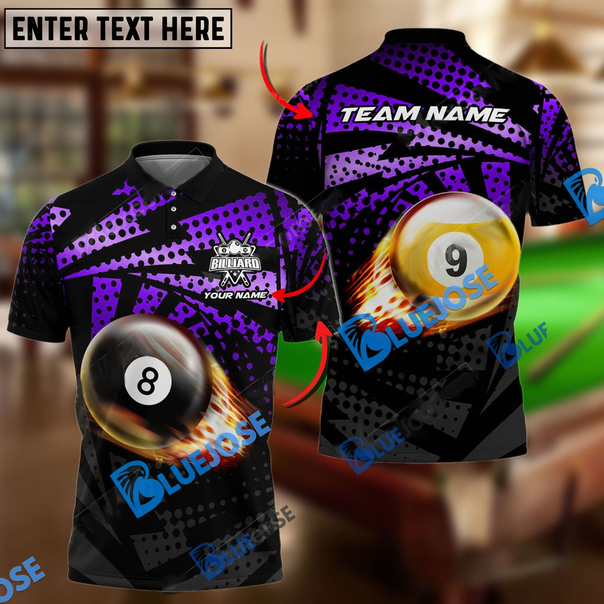 BlueJose Billiards Ball 8&amp;9 Fire Point Strike Personalized Name, Team Name Shirt (4 Colors)