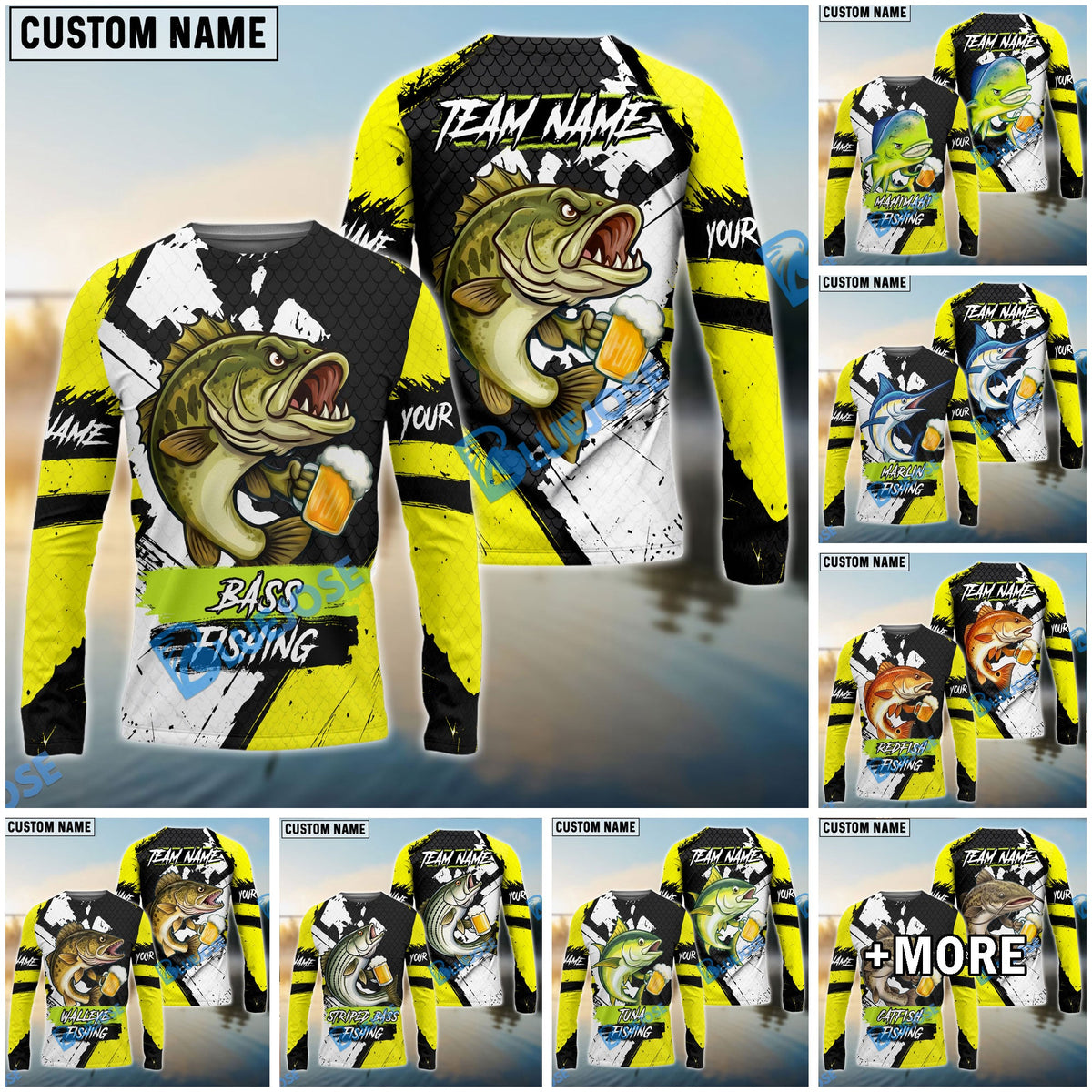 Bluejose Fishing Funny Beer Skin Custom Name &amp; Team Name 3D Shirts (12 Breeds)