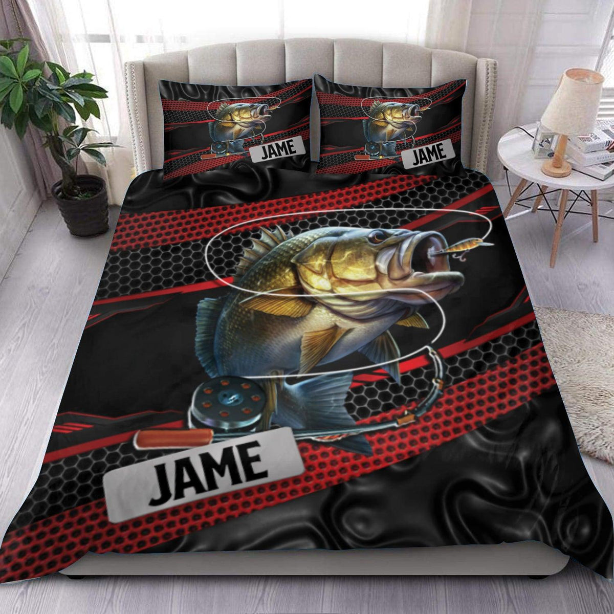 BlueJose Bass Fishing Black &amp; Red Lines Personalized Bedding Set