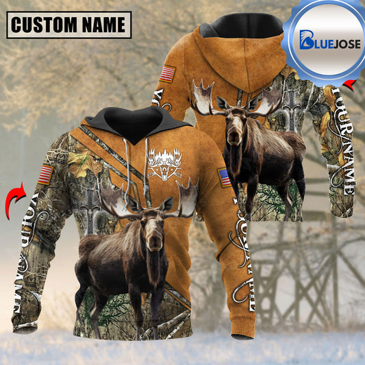 BlueJose Personalized Name Moose Hunting USA Camo Flag Leather Pattern 3D Shirts ( 3 Colors )