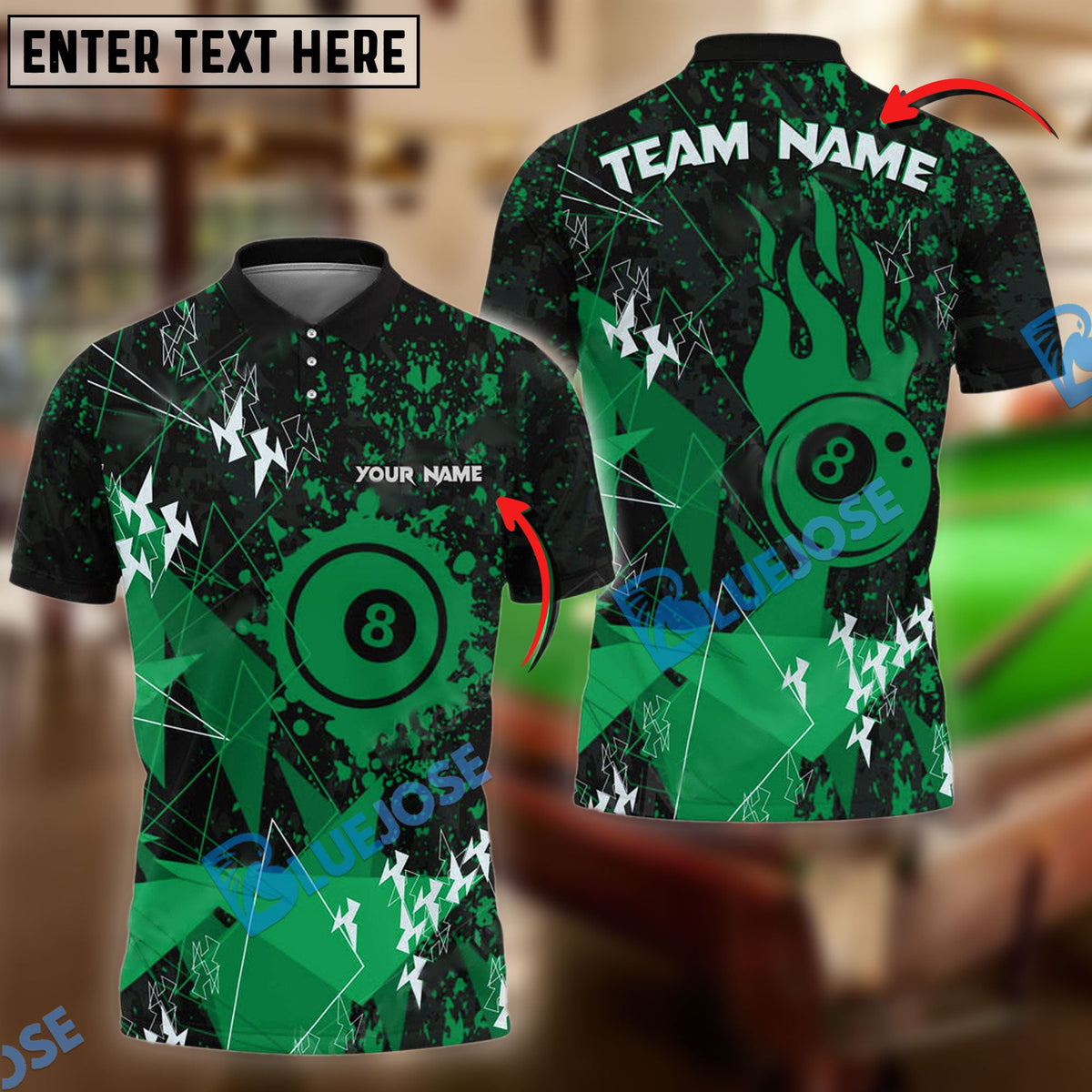 BlueJose Billiards Ball 8 Paint Fire Personalized Name &amp; Team Name Shirt (4 Colors)