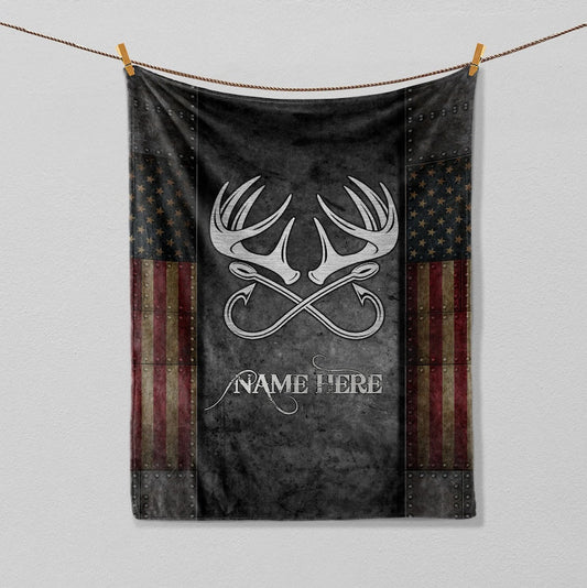 BlueJose Custom Name Hunting Fishing USA Flag Blanket