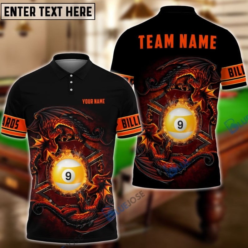 BlueJose Billiards Dragon Fire 9ball Personalized Name, Team Name Shirt