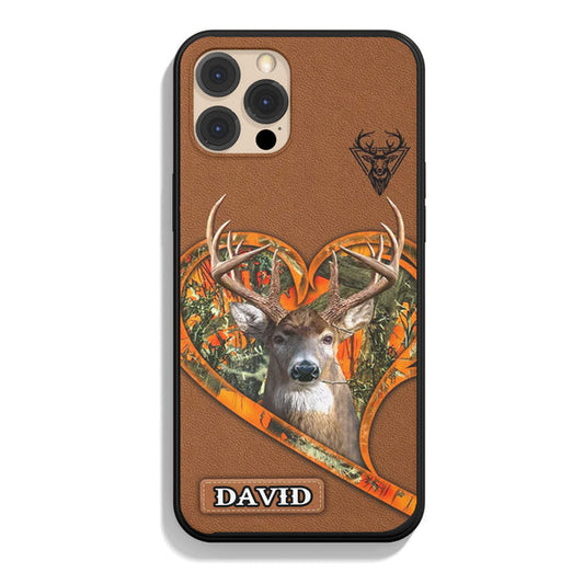 BlueJose Deer Heart Hunter Orange Camo Brown Leather Pattern Personalized Name Phone Case