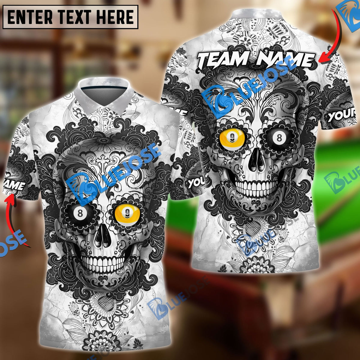 BlueJose Billiards Ball 8 &amp; 9 Sugar Skull Art Personalized Name Shirt (4 Colors)