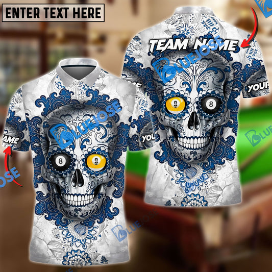 BlueJose Billiards Ball 8 & 9 Sugar Skull Art Personalized Name Shirt (4 Colors)