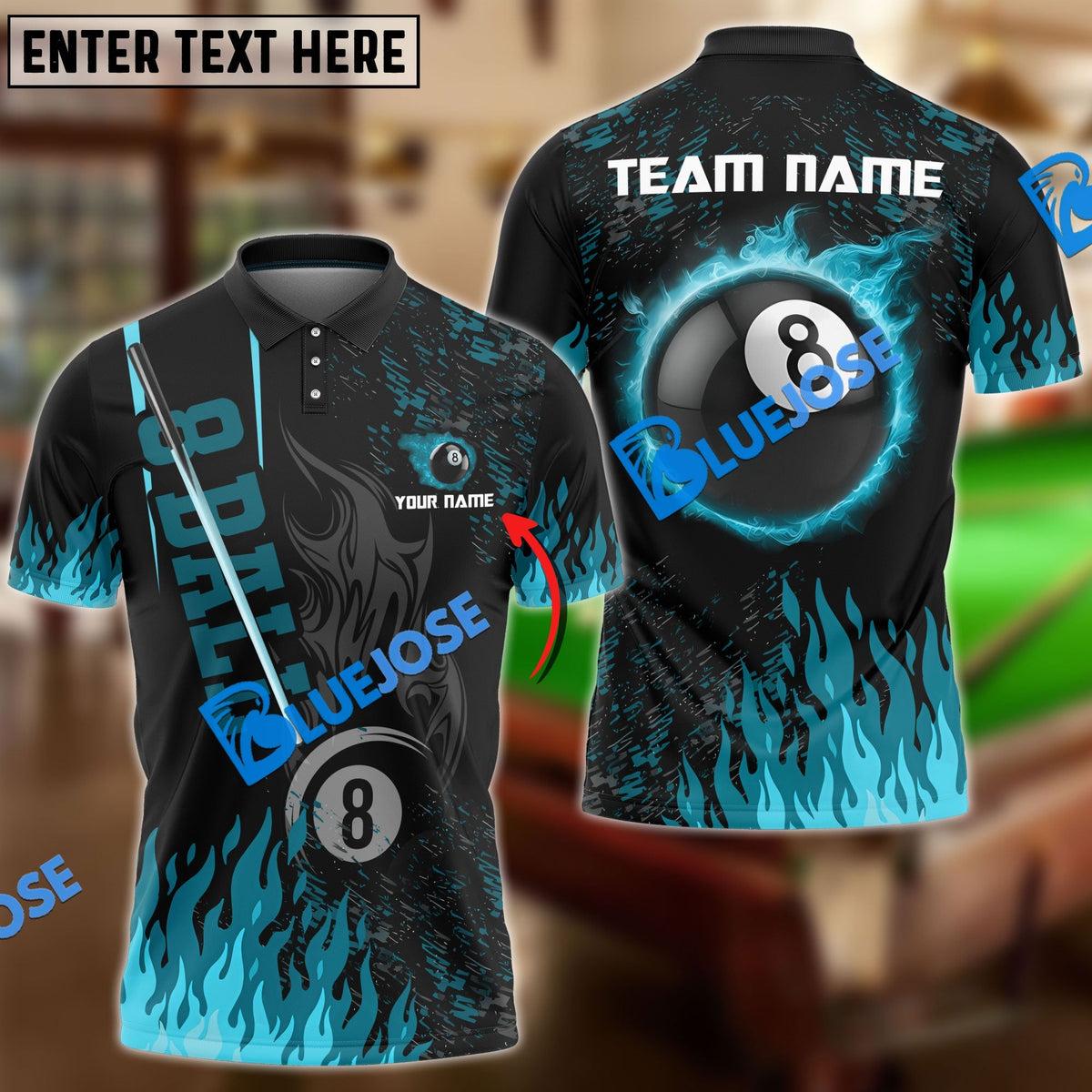 BlueJose Billiards Ball 8 Burning Room Personalized Name, Team Name Unisex Shirt (4 Colors)