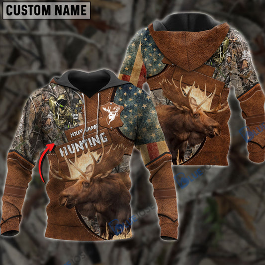 BlueJose Customized Name Moose Hunting Leather Pattern 3D Shirts