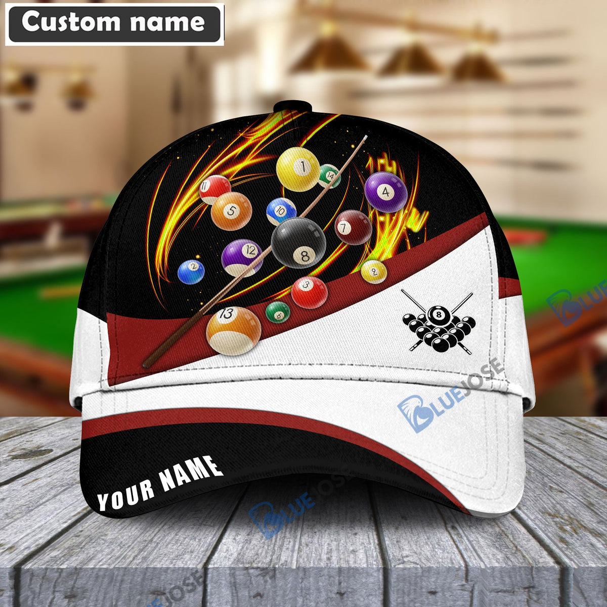 BlueJose Billiards Red &amp; White Personalized Name Cap