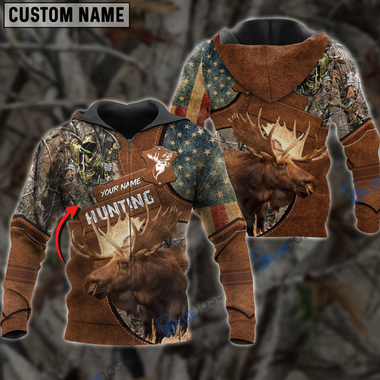 BlueJose Customized Name Moose Hunting Leather Pattern 3D Shirts