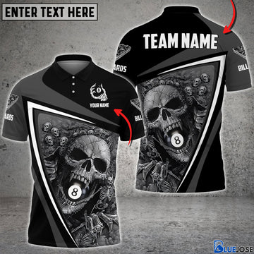 BlueJose Grey Skull Ball 8 Billiards Personalized Name & Team Name Shirt