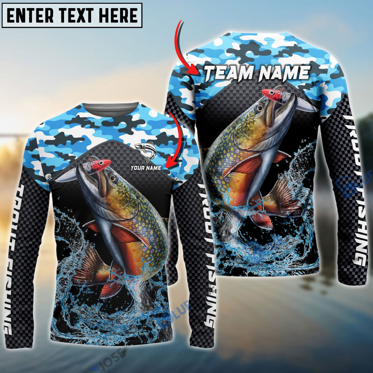 Bluejose Trout Fishing Blue Camo Sport Custom Name &amp; Team Name 3D Shirts