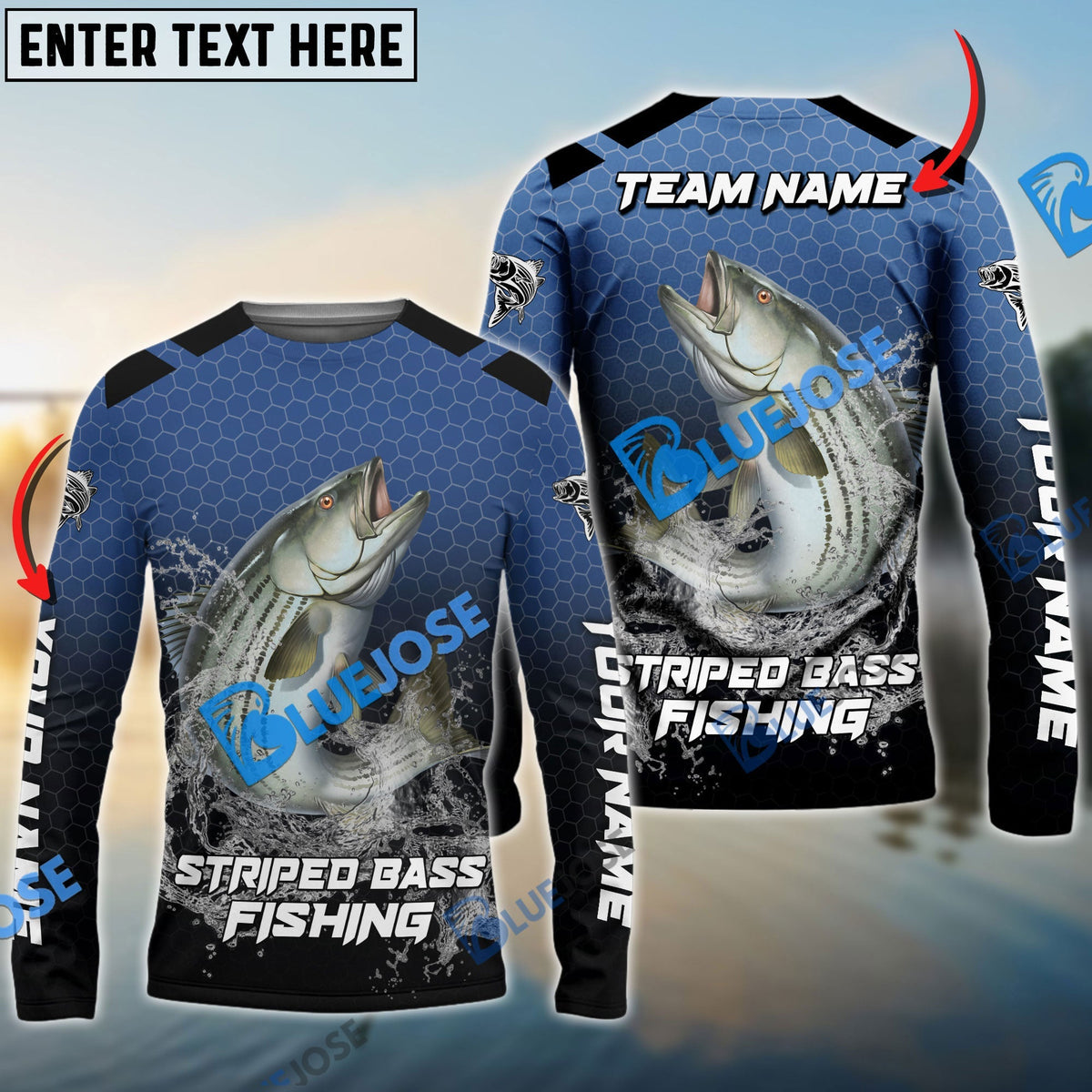 Bluejose Striped Bass Fishing Navy Hexagon Sport Custom Name &amp; Team Name 3D Shirts