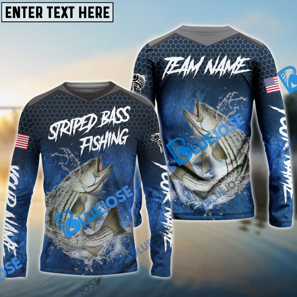 Bluejose Striped Bass Fishing Dark Blue American Sport Custom Name &amp; Team Name 3D Shirts