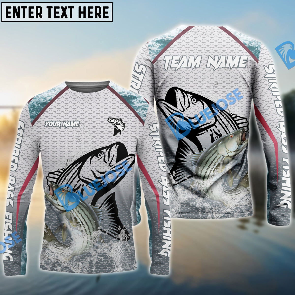 Bluejose Striped Bass Fishing White Fin Water Silhouette Sport Custom Name &amp; Team Name 3D Shirts
