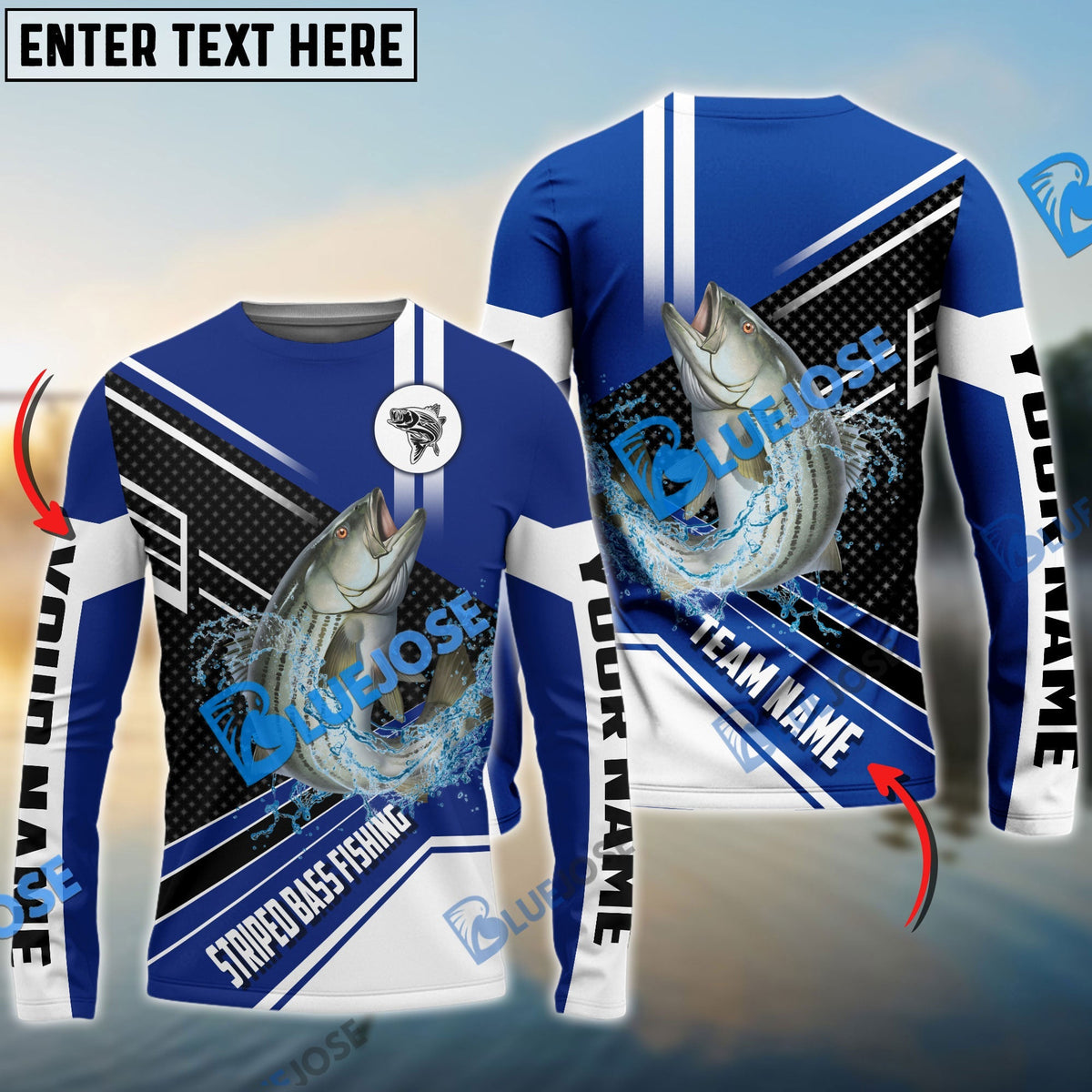 Bluejose Striped Bass Fishing Blue White Sport Custom Name &amp; Team Name 3D Shirts