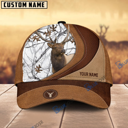 BlueJose Elk Hunting Brown Leather Pattern Personalized Name Cap (5 Colors)