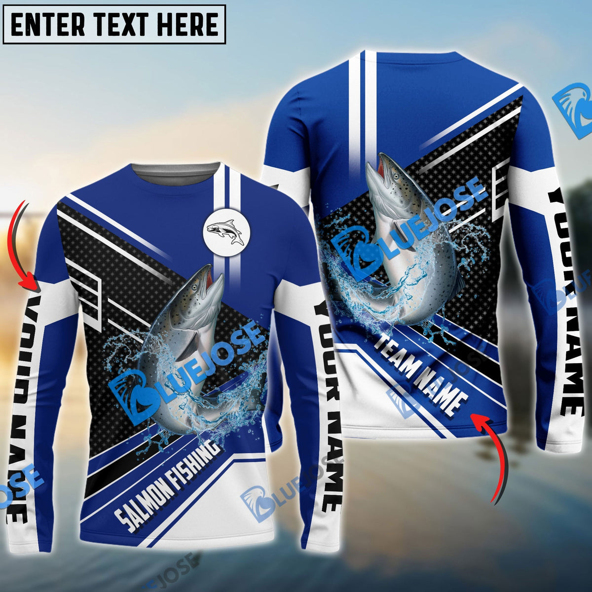 Bluejose Salmon Fishing Blue White Sport Custom Name &amp; Team Name 3D Shirts