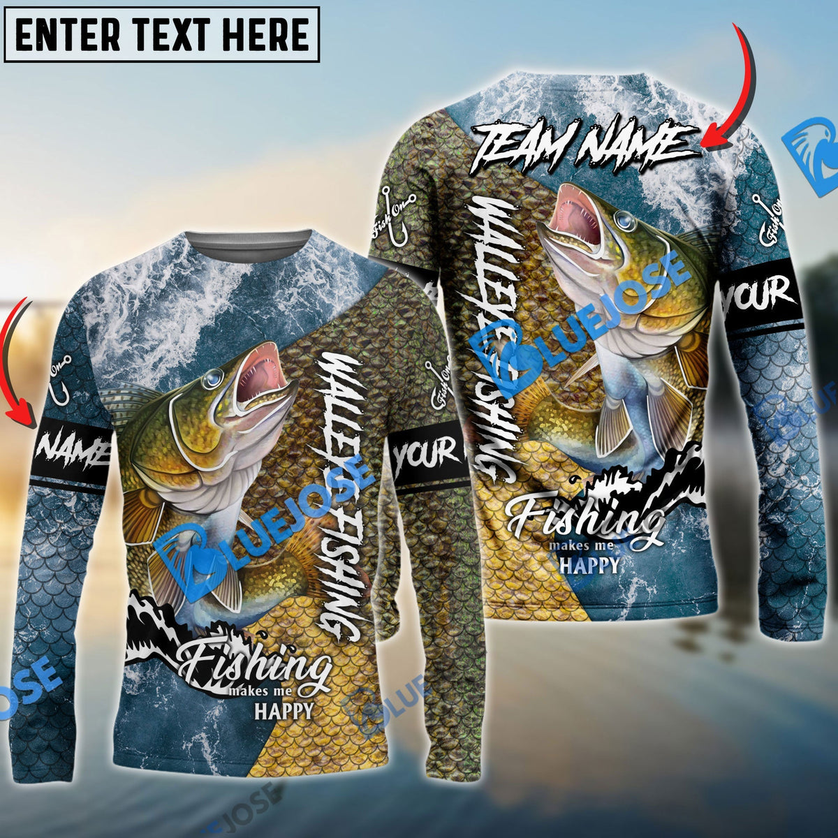 Bluejose Walleye Fishing Skin Seawave Custom Name &amp; Team Name 3D Shirts