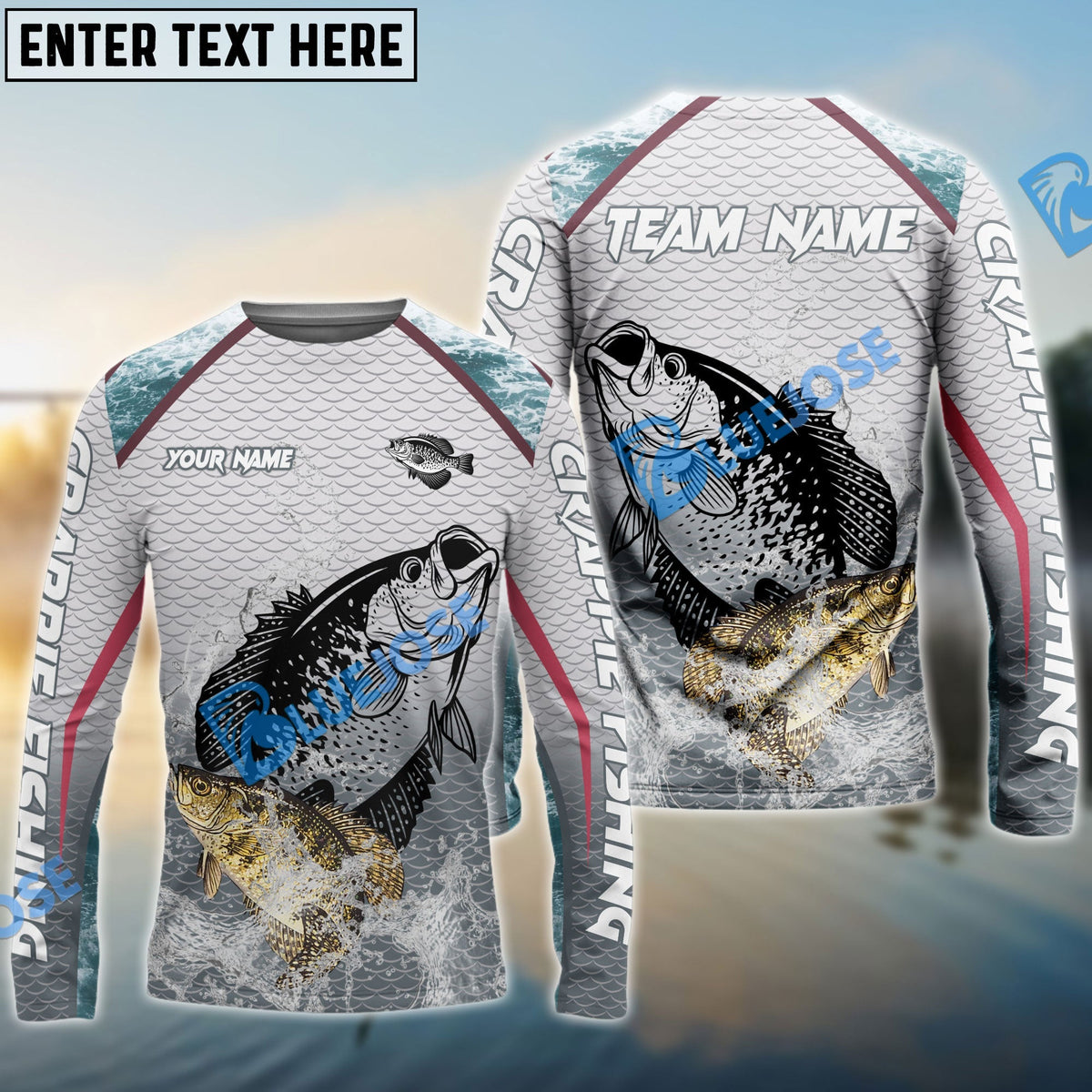 Bluejose Crappie Fishing White Fin Water Silhouette Sport Custom Name &amp; Team Name 3D Shirts