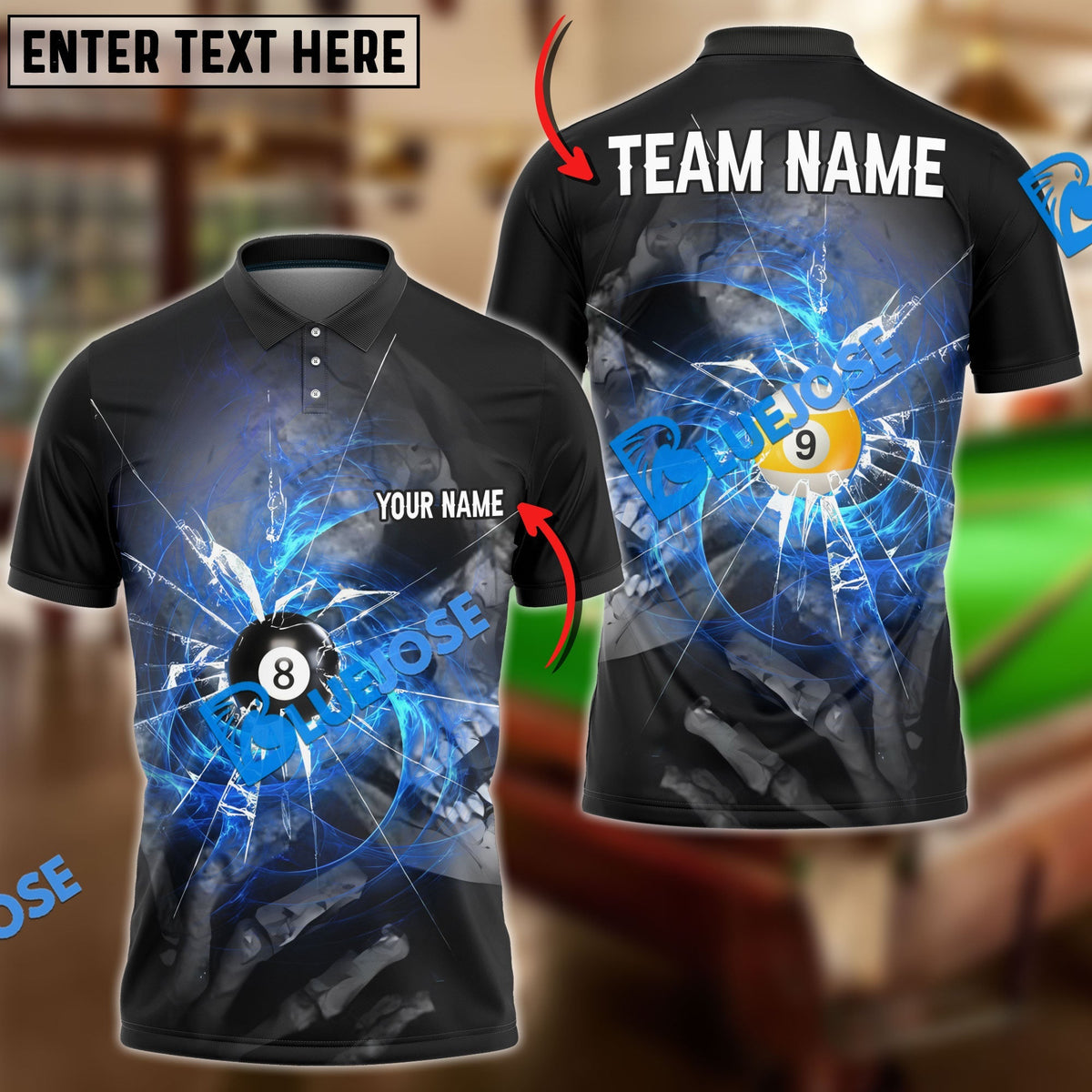BlueJose Billiards Ball 8&amp;9 Spinning Wind Skull Eye Personalized Name, Team Name Shirt (4 Colors)
