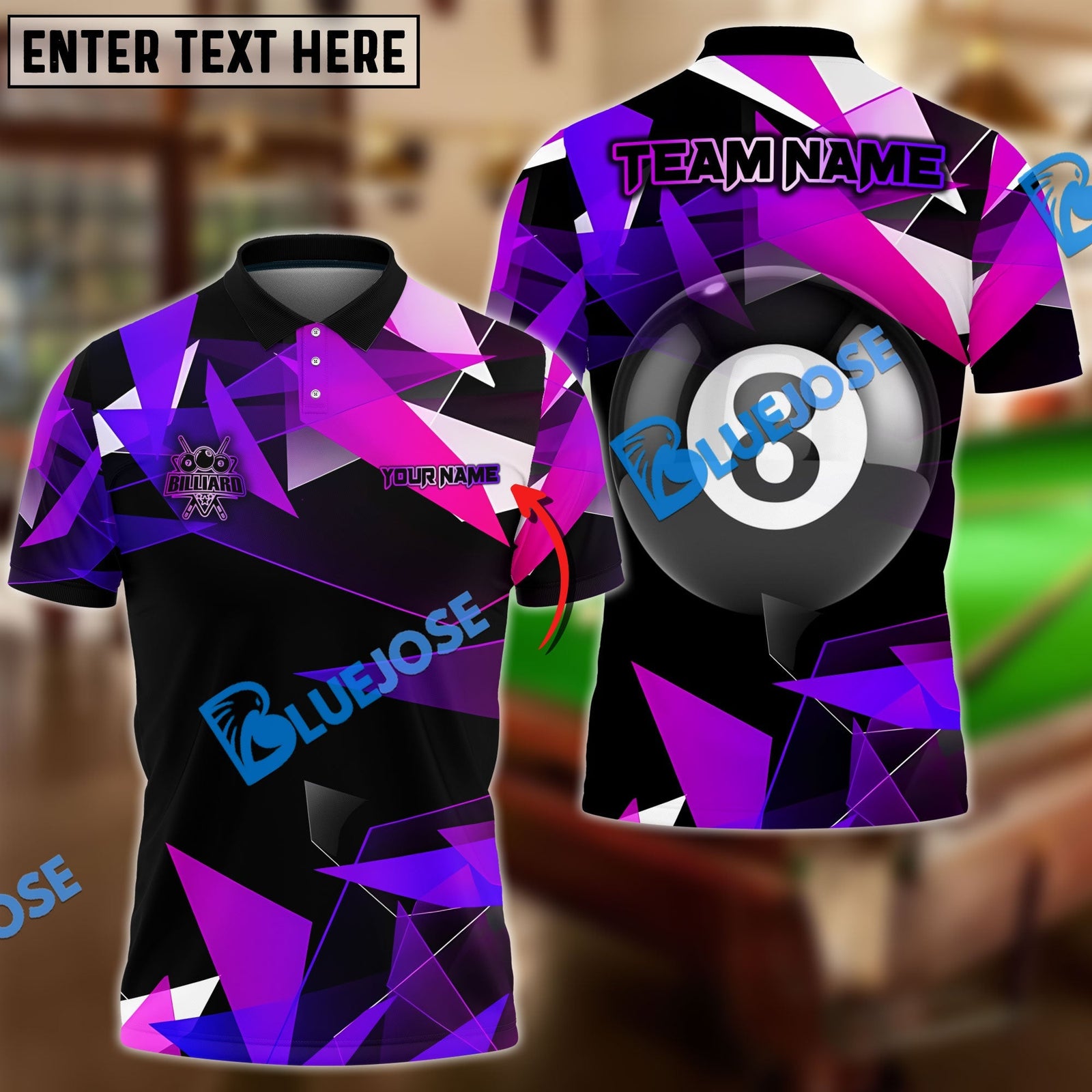 BlueJose Billiards Ball 8 Colorful Glass Personalized Name, Team Name Shirt (4 Colors)
