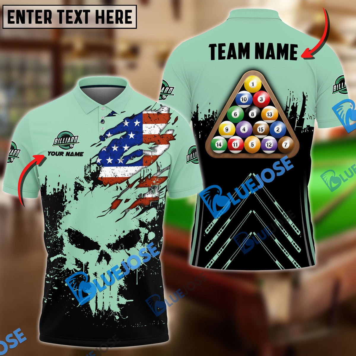BlueJose Billiards Ball 8 Punished Skull Personalized Name, Team Name Shirt (6 Colors)