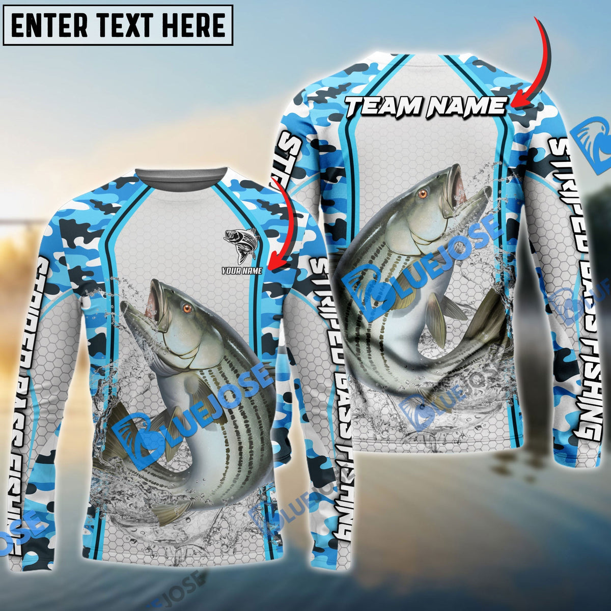 Bluejose Striped Bass Fishing Light Blue Camo Sport Custom Name &amp; Team Name 3D Shirts
