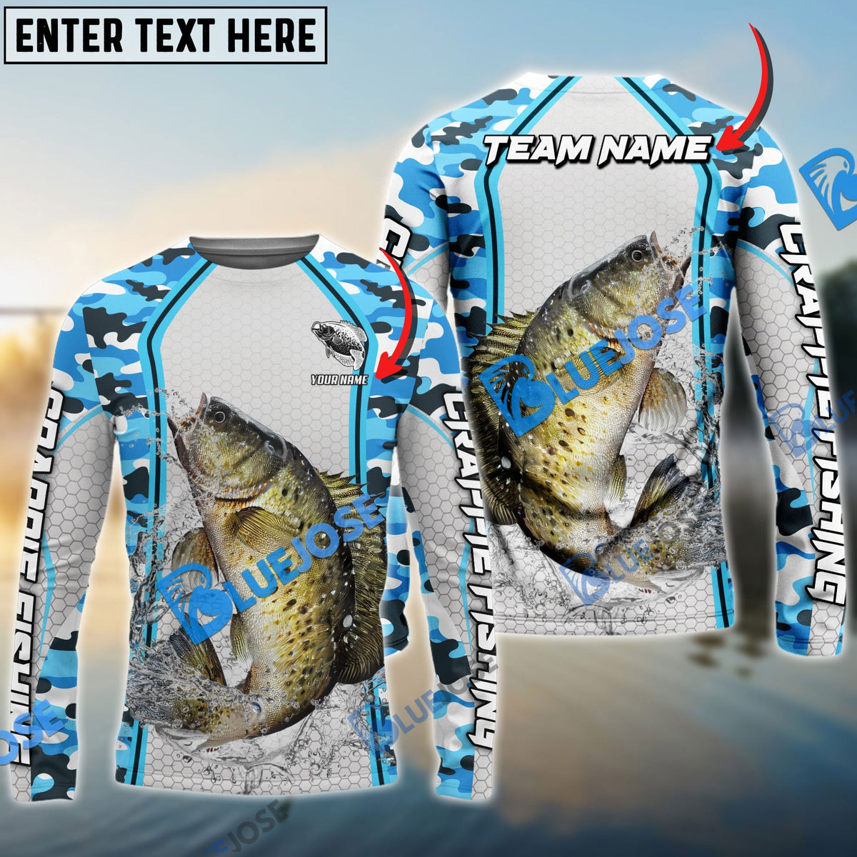 Bluejose Crappie Fishing Light Blue Camo Sport Custom Name &amp; Team Name 3D Shirts