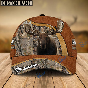 BlueJose Moose Hunting Light Brown Leather Pattern Personalized Name Cap