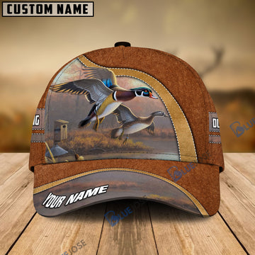 BlueJose Duck Hunting Light Brown Leather Pattern Personalized Name Cap