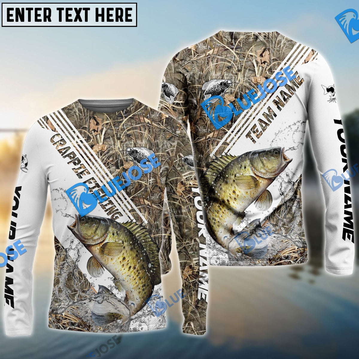 Bluejose Crappie Fishing White And Grass Camo Sport Custom Name &amp; Team Name 3D Shirts