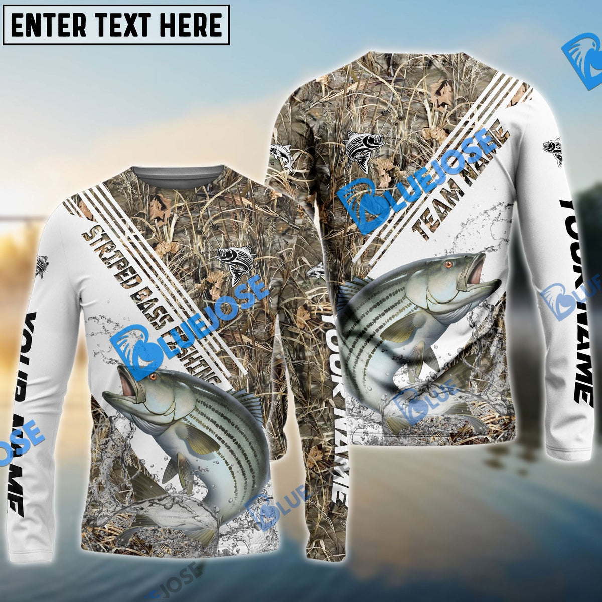 Bluejose Striped Bass Fishing White And Grass Camo Sport Custom Name &amp; Team Name 3D Shirts