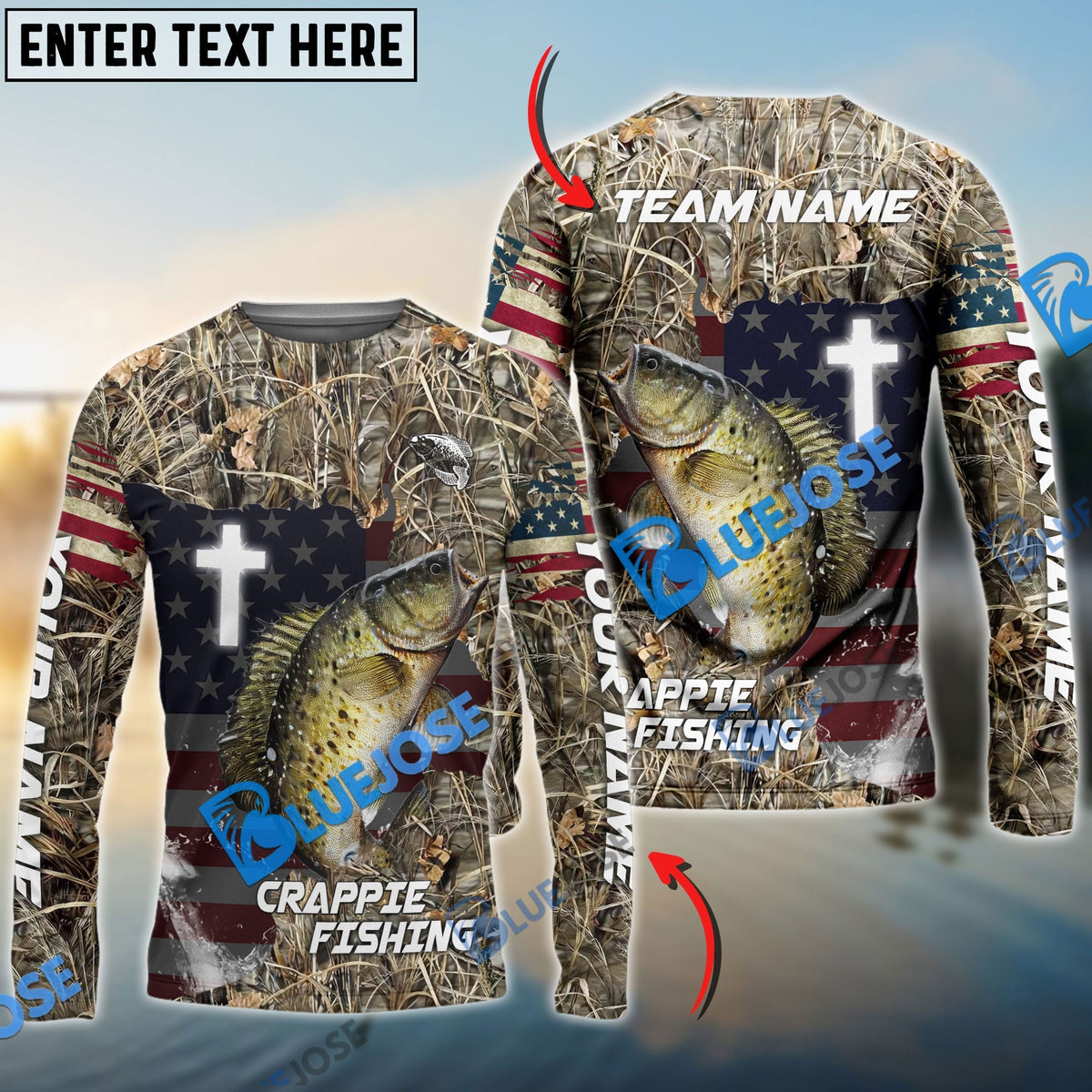 Bluejose Crappie Fishing Cross Camo Custom Name &amp; Team Name 3D Shirts